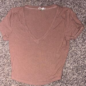 Bozzolo V-Neck Ribbed Crop Top - Tan